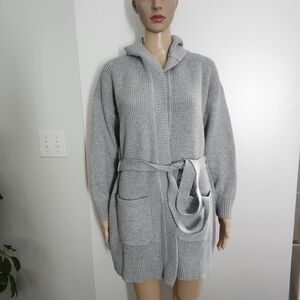 L.L. Bean Women’s Waffle Knit Hooded Wrap Cardigan Sweater Light Grey Medium NWT